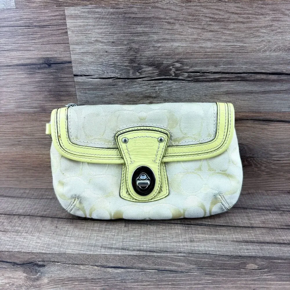 Coach Signature Yellow Canvas Leather Trim Turnlock Wristlet - Coin Wall…